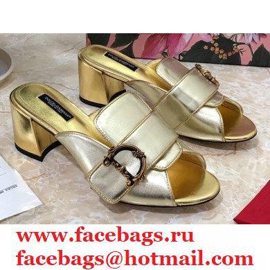 Dolce & Gabbana Heel 6.5cm Leather Sliders Gold With Baroque D & G Logo 2021